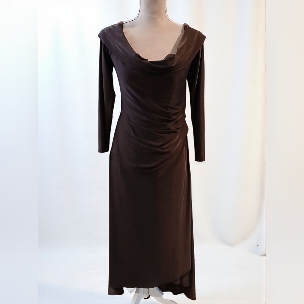Vintage Brown Maxi Assymetric Shirred Pleated Cowl Neck 14 Fairy Grunge Stretch